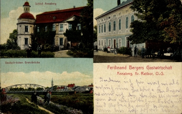 Postcard Góra Świętej Anny Sankt Annaberg Upper Silesia, castle, inn, border bridge