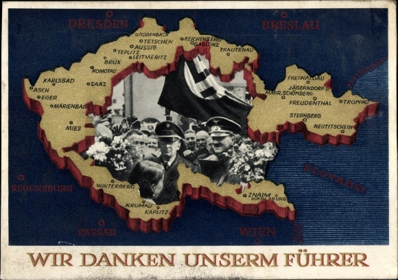 Postal stationery Postcard We thank our leader, Sudetenland, Bohemia, Moravia, Hitler