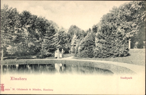 Ak Elmshorn in Holstein, stadspark, twee personen, bomen, vijver