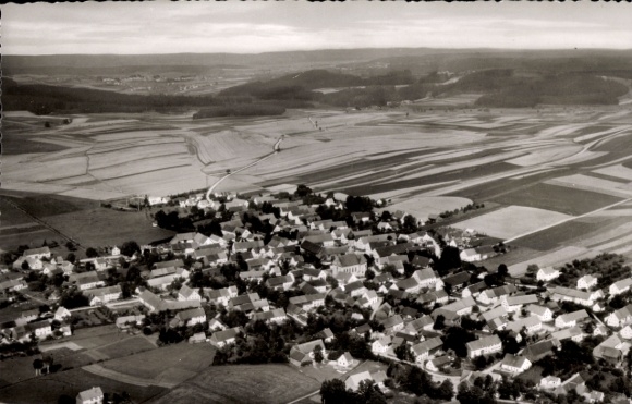 Postcard Balzhausen in Swabia, aerial view of wide fields, residential buildings, panorama