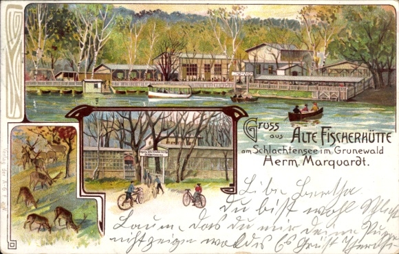 Chromo-Litho Berlin Wilmersdorf Grunewald, old fisherman's hut at Schlachtensee