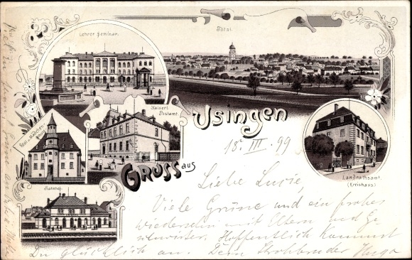 Chromo-Litho Usingen im Taunus Hesse, general view, teachers&#39; seminar, train station, Kaiserl. post office, district office