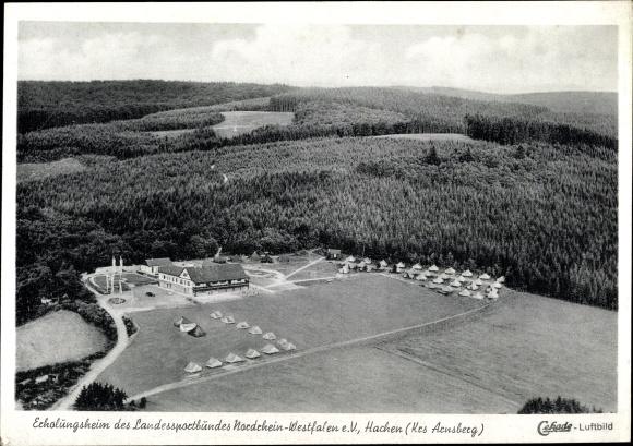 Postcard Hachen Sundern in the Sauerland, aerial photo, convalescent home state sports association NRW, tents, forest