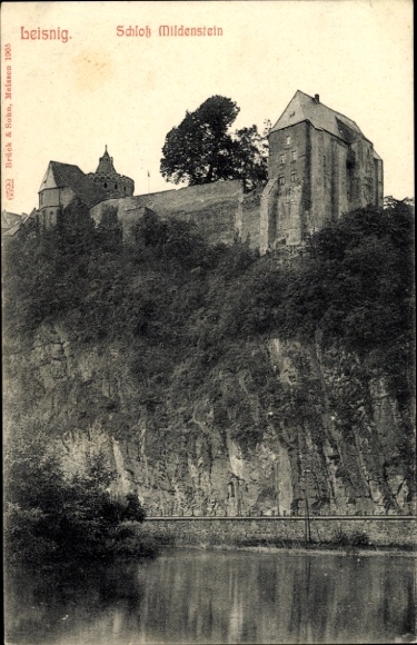 Ak Leisnig an der Mulde, Blick auf Schloss Mildenstein, Felsen