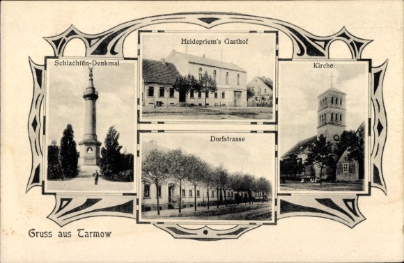 Postcard Tarmow Fehrbellin in Brandenburg, inn, church, battle memorial, village street