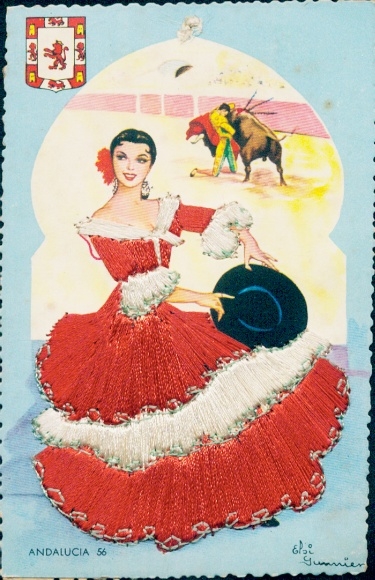Seidenstick Künstler Ak Andalusien, Tanzende Frau, Stierkampf, Torero, Wappen