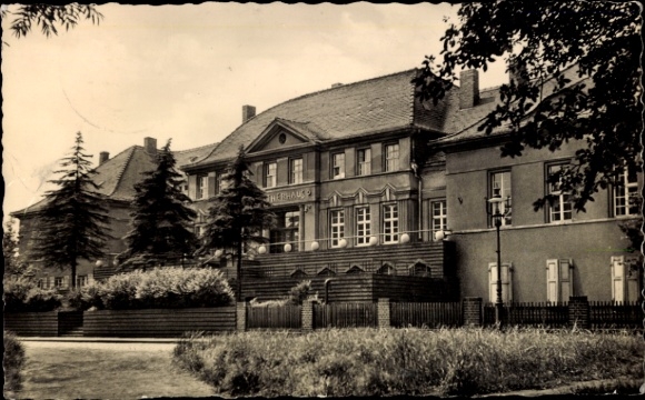 Postcard Bitterfeld in Saxony-Anhalt, historical building, trees, fence, black and white photography