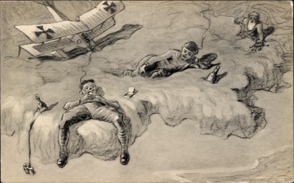 Artist Postcard German military pilots on a cloud, smoking and drinking, Petrus
