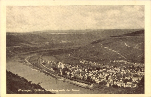 Postcard Winningen on the Moselle, vineyards, Moselle, landscape, black and white photo