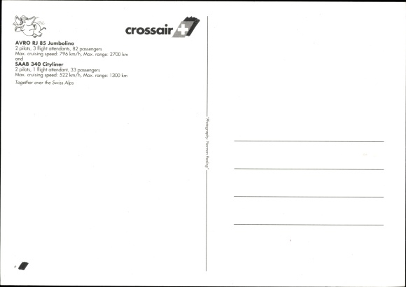 Postcard Swiss passenger aircraft, AVRO RJ 85 Jumbolino, SAAB 340 Cityliner, Crossair, HB-AKP