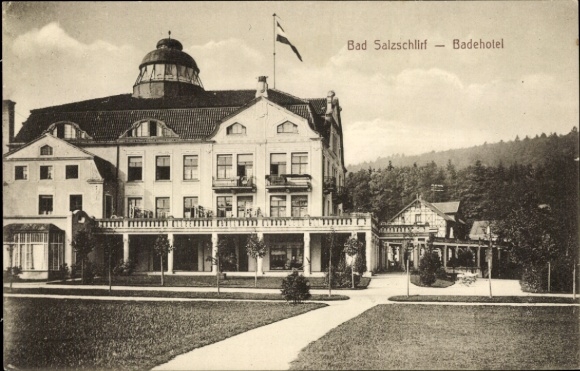 Postcard Bad Salzschlirf in Hesse, spa hotel, architecture, flag, garden, Jalan