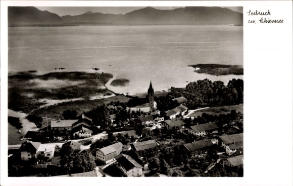 Postcard Seebruck am Chiemsee Upper Bavaria, aerial photograph, church, building, Chiemsee, landscape