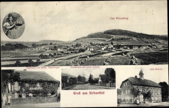 Ak Birkenfeld im Spessart Unterfranken, Alte Schule, Stirnberg, Gasthaus von Hermann Tanzberger