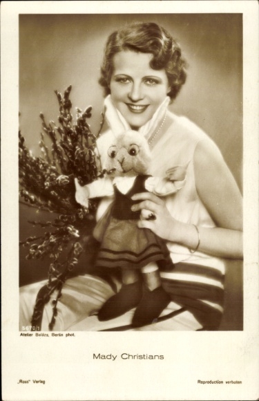 Postcard actress Mady Christians, portrait, stuffed rabbit