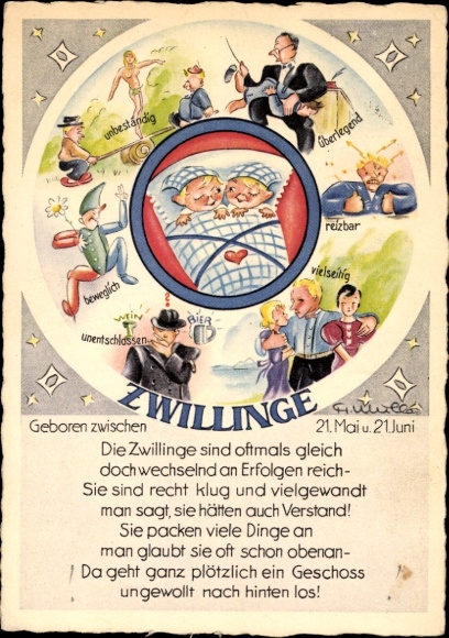 Artist Postcard Zodiac Sign Gemini, 21 May to 21 June