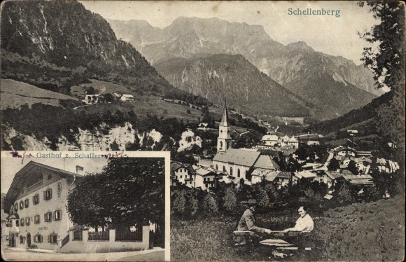 Postcard Marktschellenberg Oberbayern, valley view of the village, Gasthof zum Schafferwirt
