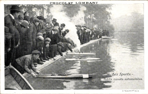 Ak Les Sports, Petits canots automobiles, Reklame, Chocolat Lombart