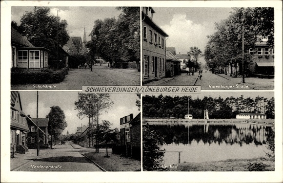 Postcard Schneverdingen Lower Saxony, Schulstraße, Rotenburger Straße, Verdener Straße, Quellenbad