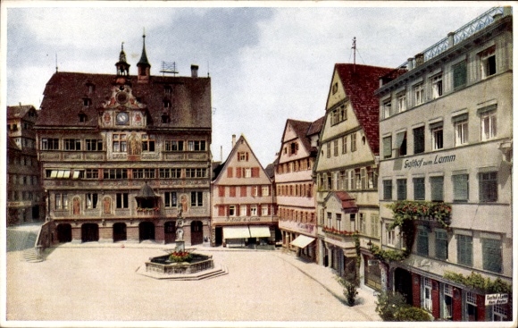 Ak Tübingen am Neckar, Marktplatz mit Rathaus, Gasthof zum Lamm, Hotel Lamm