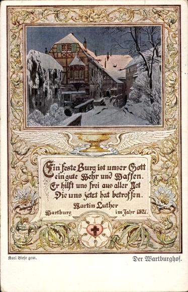 Passepartout artist Postcard Lutherstadt Eisenach in Thuringia, Wartburghof, snow, quote from Luther,