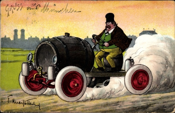 Artist PC Kneiß, Emil, Fat man, automobile from a beer barrel