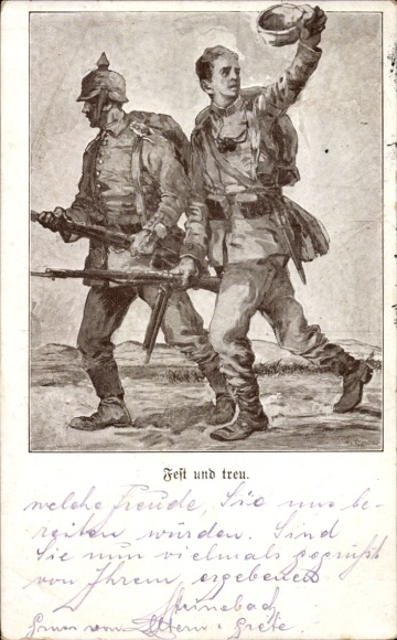 Photo Postcard Firm and loyal, German and kuk soldier, Dual Alliance WWI