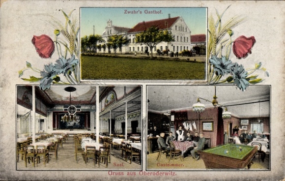 Ak Oberoderwitz Oderwitz in Oberlausitz, Zwahr's Inn, hal, gastenkamer, groenmotief met