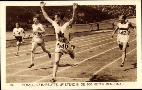 Postcard Amsterdam, 1e Ball, 2e Barbutte, 3e Storz, 400 meter demi final, Olympics 1928