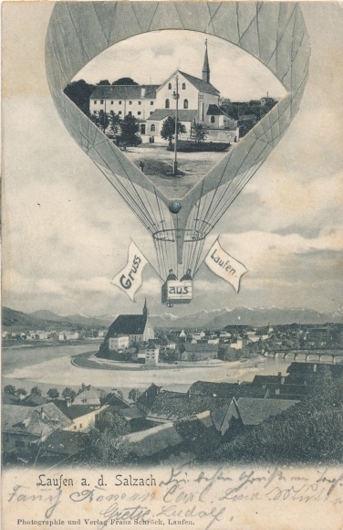 Mechanische Ak Laufen Salzach im Berchtesgadener Land, Fesselballon, Brücke, Markt, Kirche