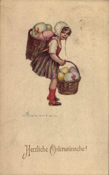 Artist Postcard Colombo, E., Happy Easter, girls, baskets, Easter eggs