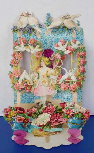 Backdrop card 3D wafer standee, congratulations, girl, doves on the window, roses, carnations
