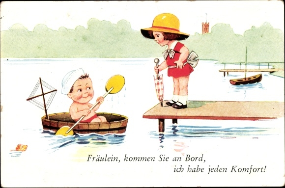 Artist PC Wills, John, washtub as a boat, boy, girl on jetty