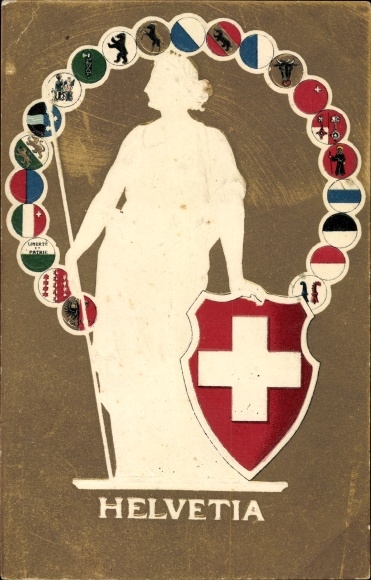 Embossed coat of arms PC Helvetia, Switzerland, national allegory, canton coat of arms
