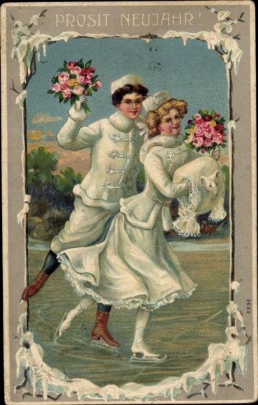 Winter Chromo-Litho Happy New Year, couple ice skating with flowers