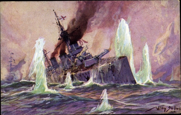 Artist PC Stöwer, Willy, German warships, sea battle 1915, English battle cruiser