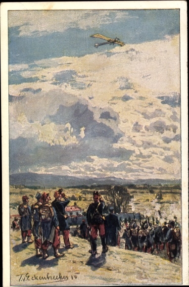 Kunstenaarsbriefkaart Eckenbrecher, T. von, schietend op een Duitse duif, luchtvlootclub