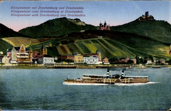 Ak Königswinter am Rhein,  Drachenburg, Drachenfels, Schiff auf dem Wasser