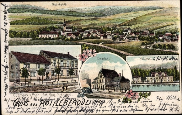Chromo-Litho Rottleberode Südharz, Inn zur Post, train station, track side, castle