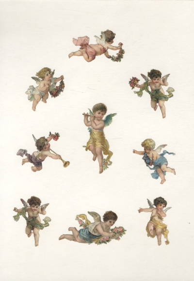 9 wafers angels with flowers, trumpet, flute, approx. 7.5 x 4.5 cm to 5.5 x 3.5 cm