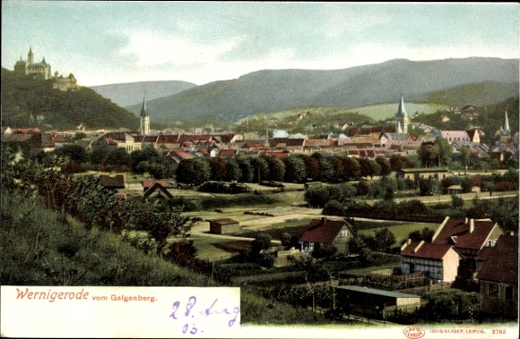 Postcard Wernigerode in the Harz Mountains, panorama of the landscape, Galgenberg