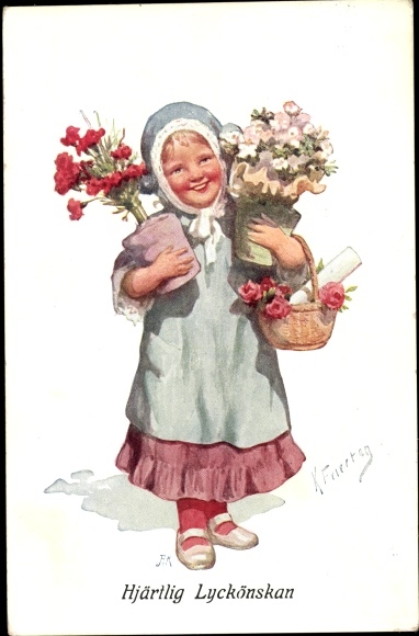 Künstler Ak Feiertag, K., Mädchen mit Blumenstrauß, Hjärtlig Lyckönskan