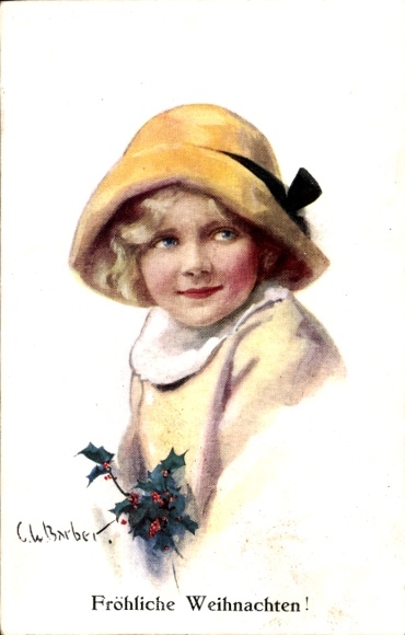 Kunstenaar Ak Barber, C., Gefeliciteerd Kerstmis, meisjesportret, hulst