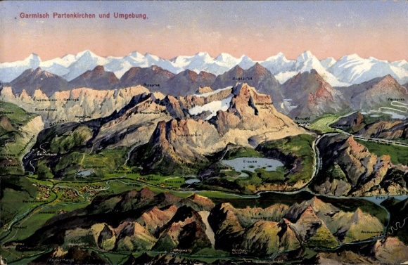 Maps Postcard Garmisch Partenkirchen in Upper Bavaria, town with surroundings