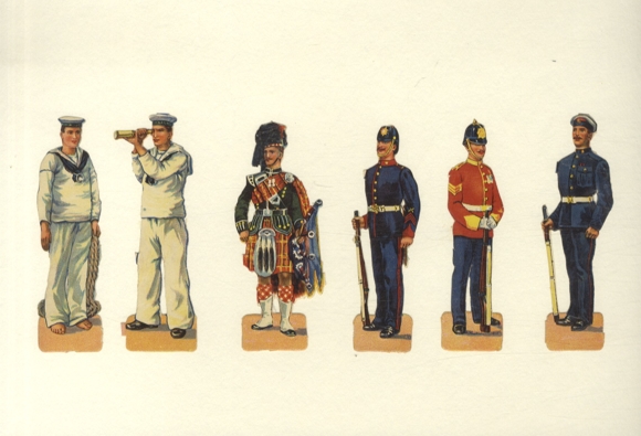 6 wafers sailors and soldiers in different uniforms, size approx. 11 x 3 cm each