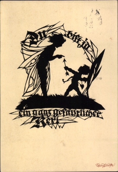 Scherenschnitt Künstler Ak Plischke, Georg, Du bist ja ein ganz gefährlicher Kerl, Amor, Elfe