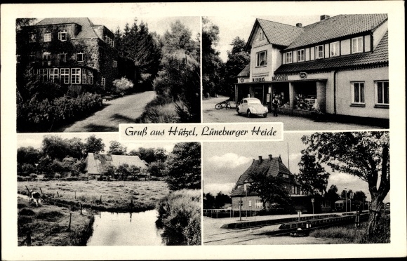 Postcard Hützel Bispingen Lüneburger Heide, bakery W. Ehlers, train station, local section