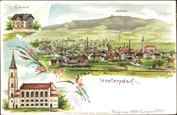 litho Leutersdorf Oberlausitz, kerk, postkantoor, panorama met Kottmar