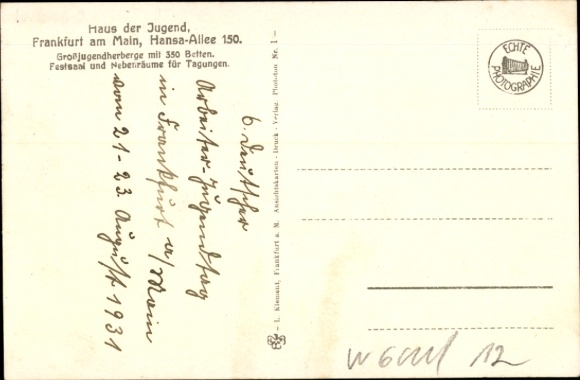 Postcard Frankfurt am Main, House of Youth, Hansa-Allee 150