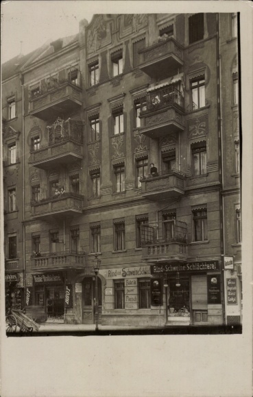 Foto Ak Berlin Prenzlauer Berg, Stolpische Str. 41, Bäckerei, Rind-Schweine-Schlächterei, Anwohner