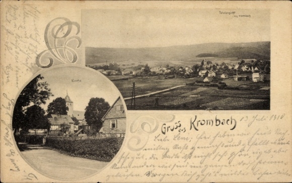 Postcard Krombach Kreuztal in Westphalia, panoramic view, church, fields, hilly landscape